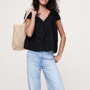 Oversized Linen Button-Front Drawstring Top