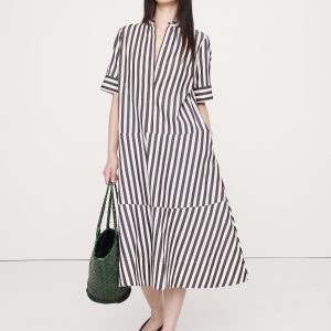 Cotton Poplin Tuxedo-Front Midi Dress
