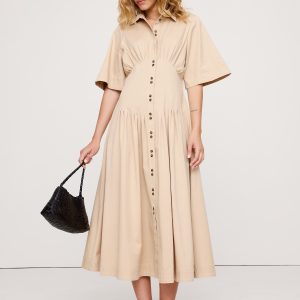 Stretch-Cotton Poplin Pintuck Long-Midi Shirt Dress