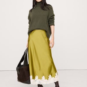 Stretch-Satin Lace-Hem Midi Skirt
