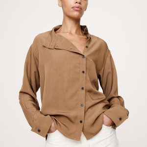 Drapey Twill Asymmetrical Button-Front Blouse